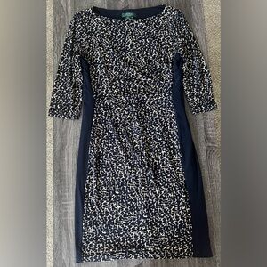 Ralph Lauren Navy and Cream Mid Sleeve Midi Dress | Size 12P